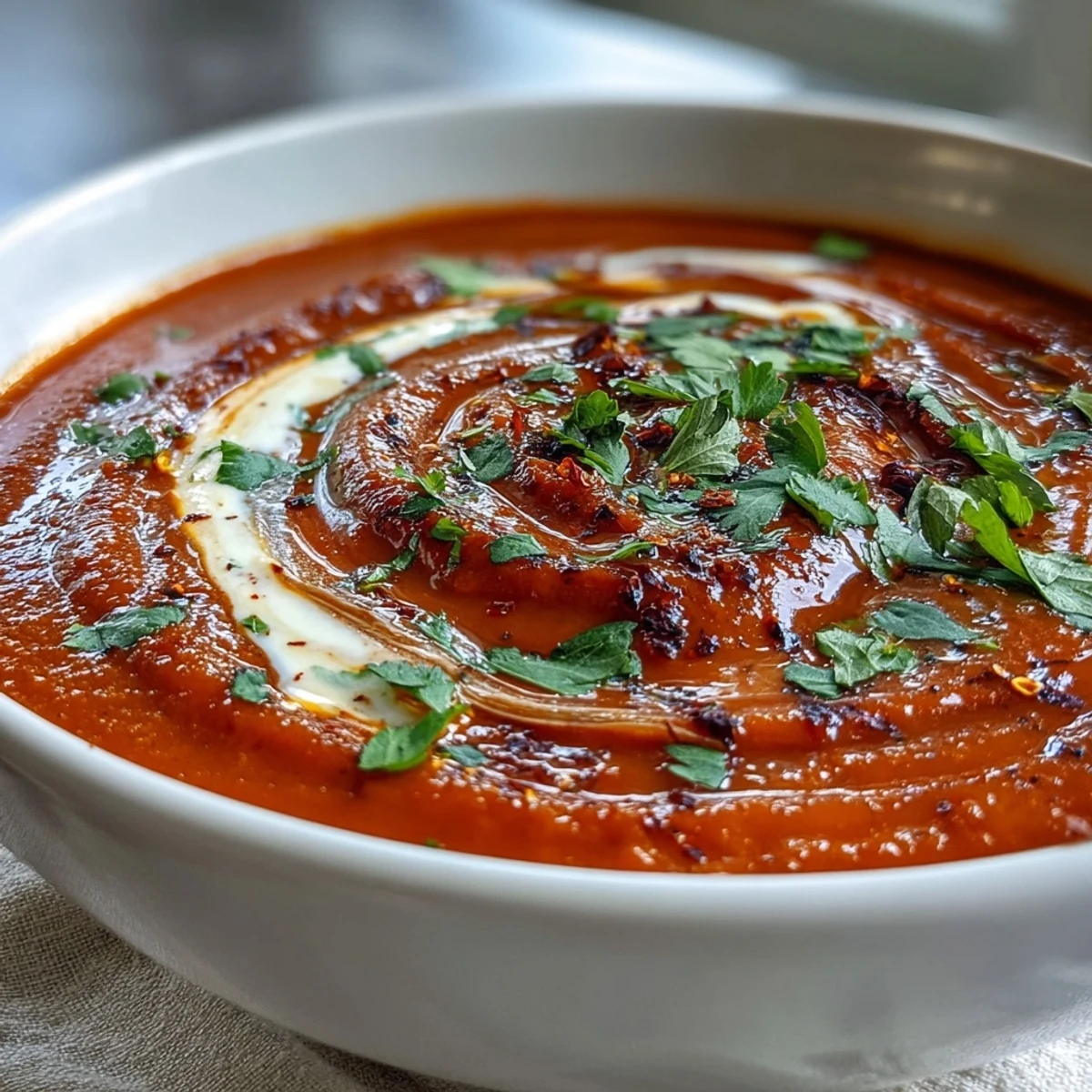 Creamy roasted red pepper soup garnished with herbs and a drizzle of olive oil.