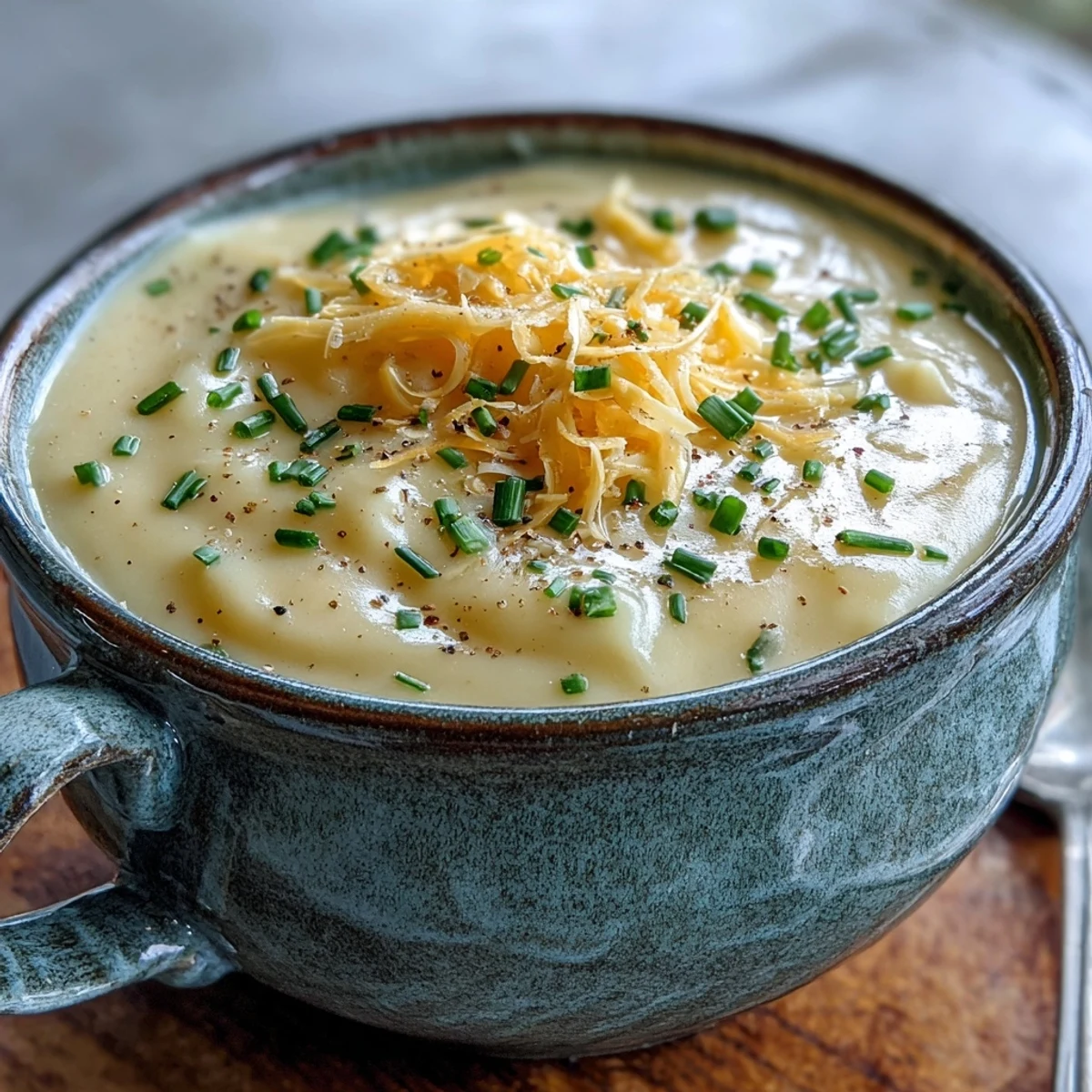 Cream of Potato Soup is served steaming in a rustic bowl, garnished with fresh chives and melted cheese.