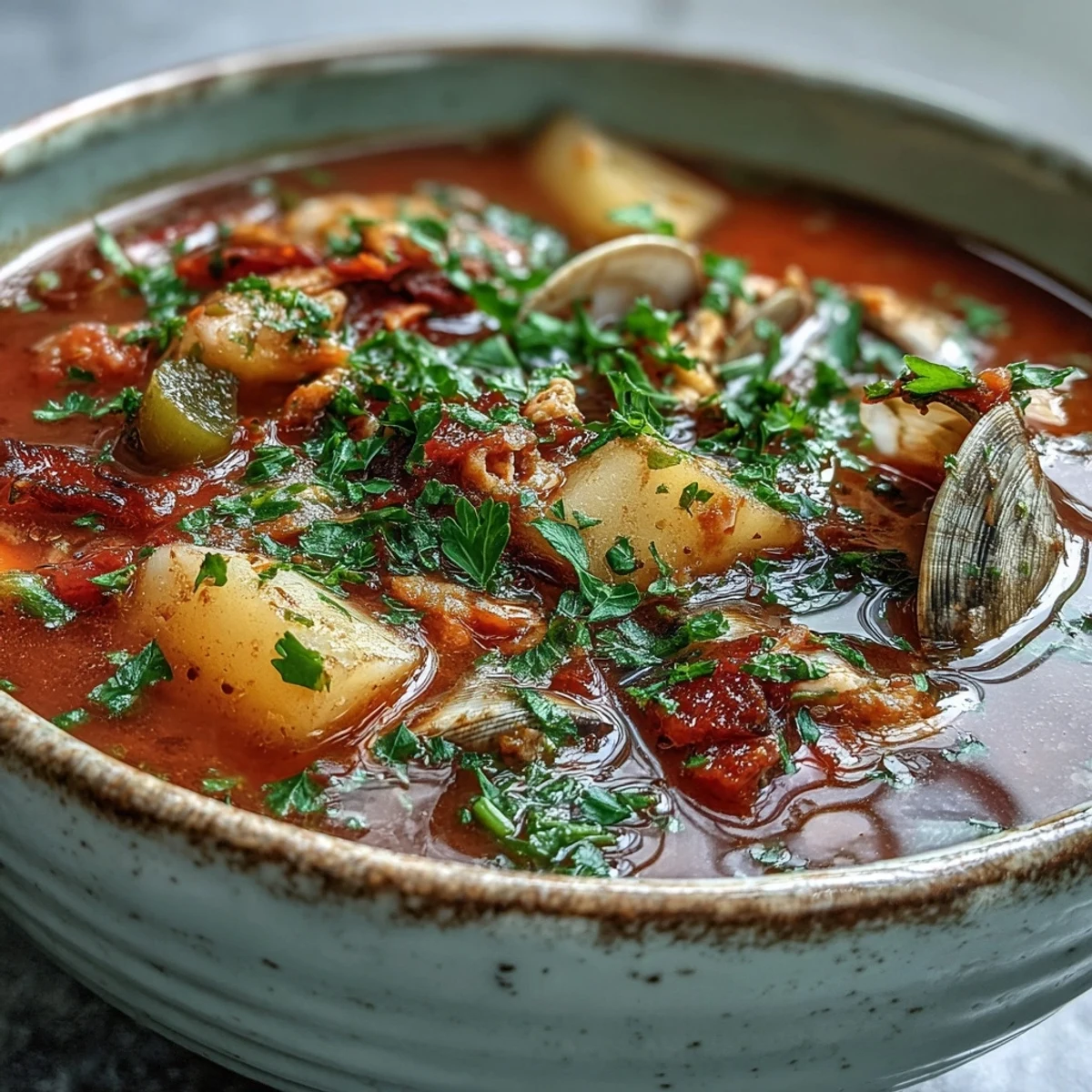 Steamy bowls of Manhattan Clam Chowder show tender clams and diced potatoes in a vibrant tomato broth with fresh parsley garnish.