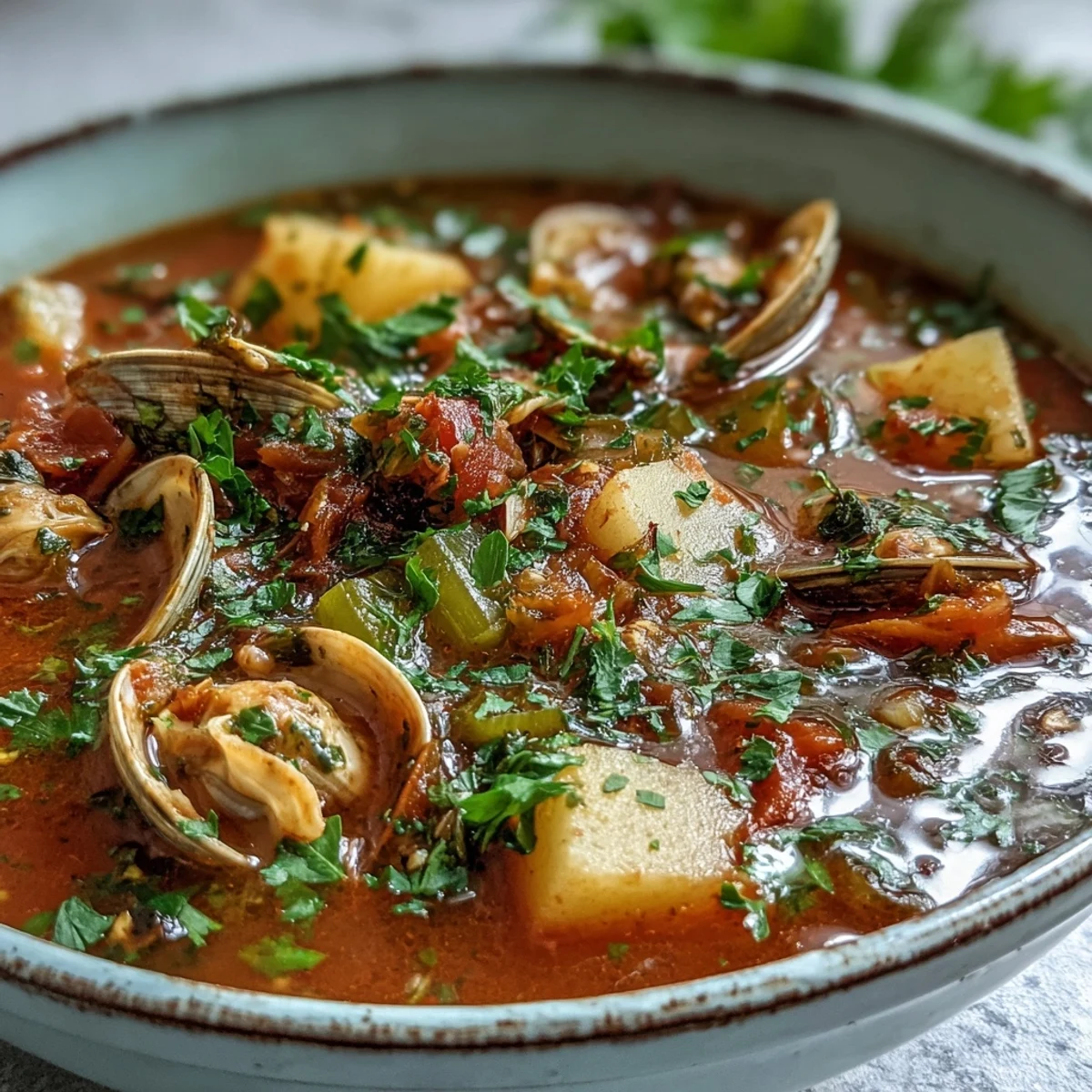 Comforting Manhattan Clam Chowder in a white bowl features red broth, carrots, celery, and herbs beside a spoon for serving.