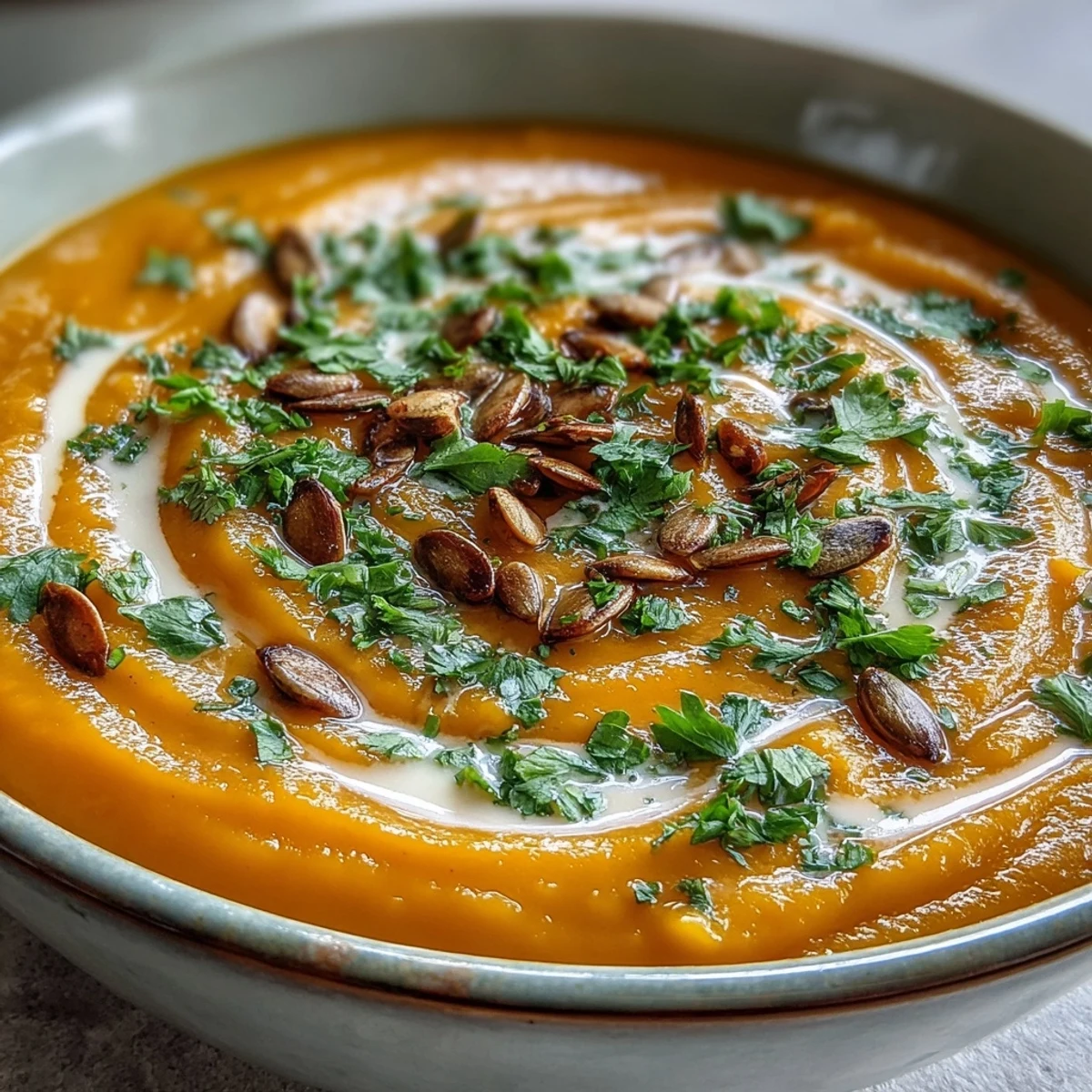 Bright orange Carrot Ginger Soup with a swirl of coconut milk in a white bowl, garnished with fresh cilantro.
