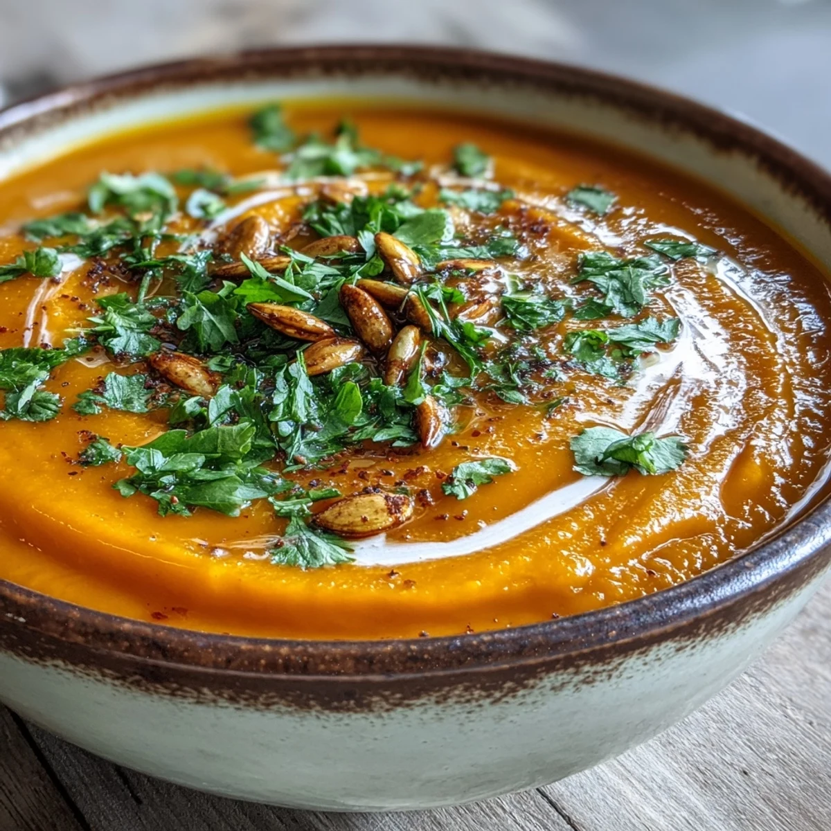 Steaming bowl of Carrot Ginger Soup with a slice of crusty bread and fresh parsley, ready to enjoy.