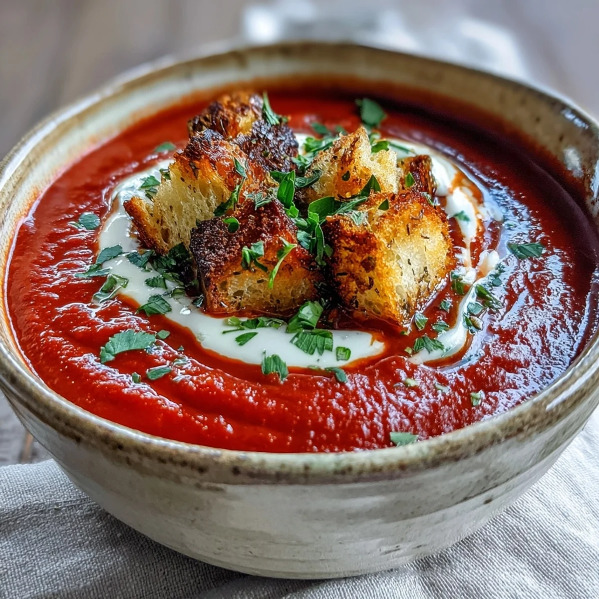A bowl of Roasted Red Pepper Soup topped with golden, crunchy croutons and fresh parsley, steaming in a rustic bowl.