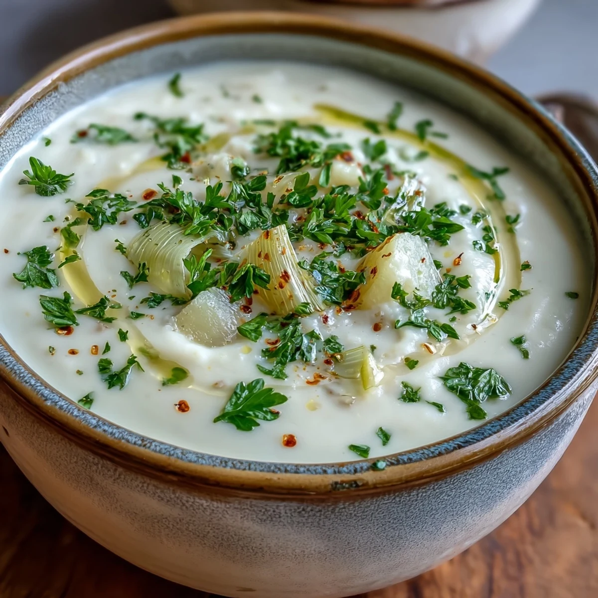 Hearty Potato Leek Soup topped with crispy bacon crumbles, adding savory contrast to the velvety, buttery base.