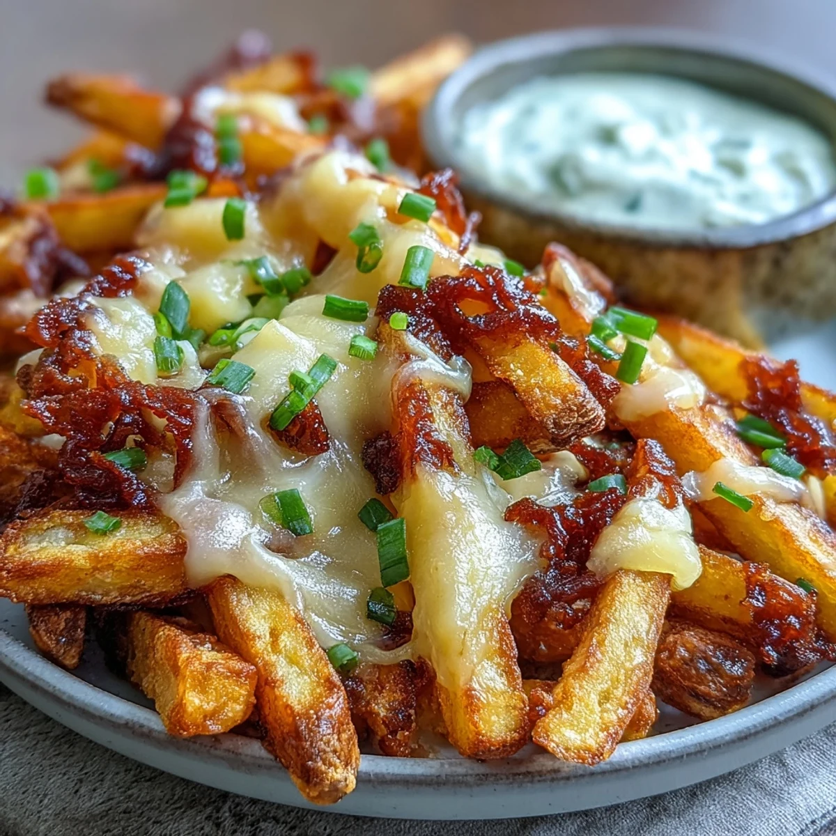 Golden, crispy Cheesy BBQ Fries with Ranch Dip topped with melted cheddar and fresh green onions on a rustic platter.