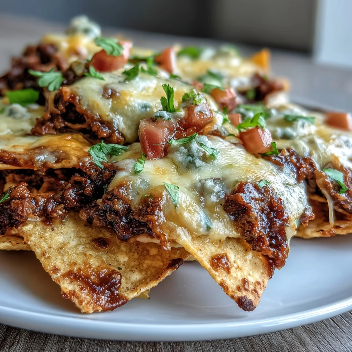 Freshly baked BBQ beef nachos steam gently on a platter, with diced red onions, tomatoes, and cilantro adding vibrant color and flavor.