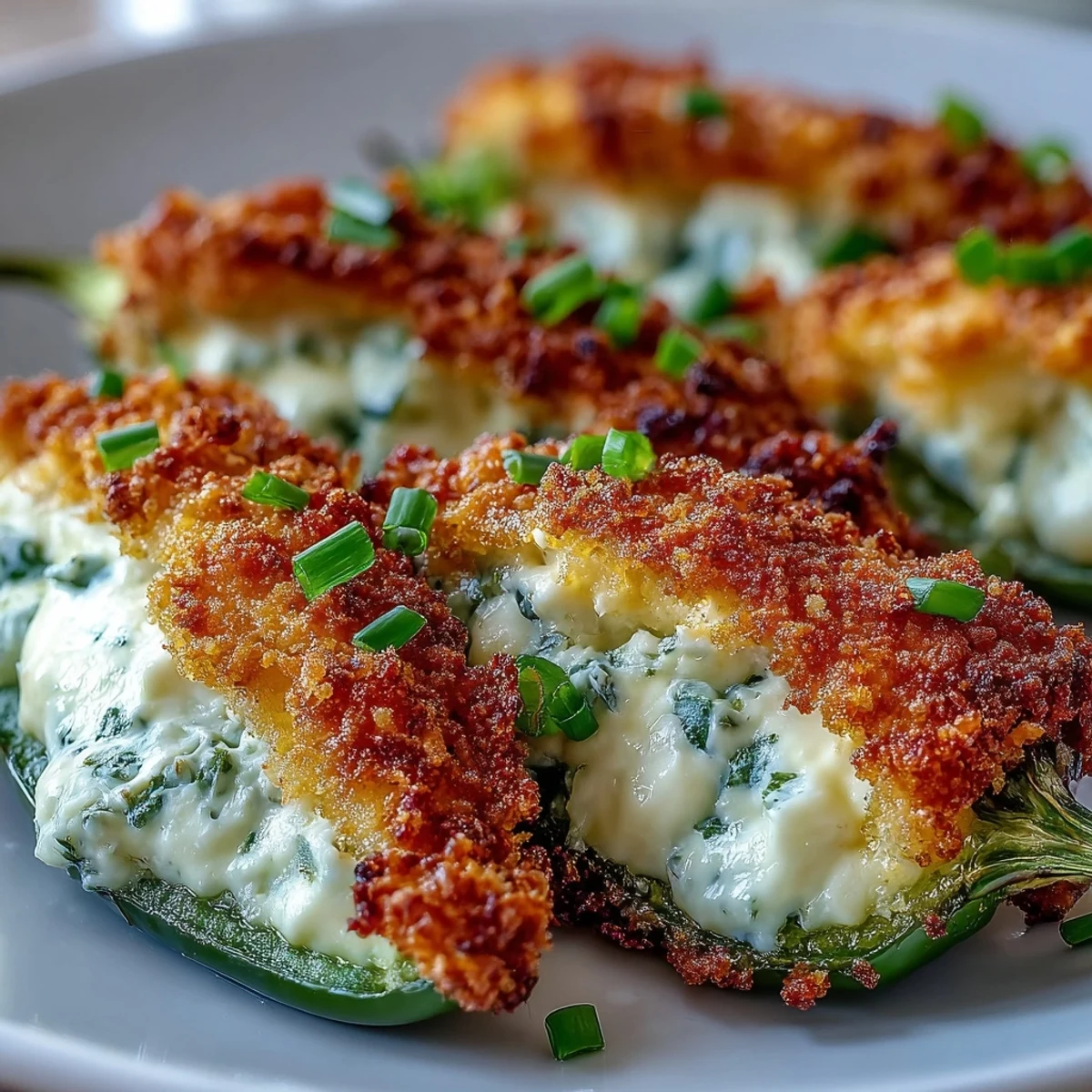 Golden-brown Air Fryer Jalapeño Poppers sit on a platter, their blistered skin giving way to molten cheddar and cream cheese filling.