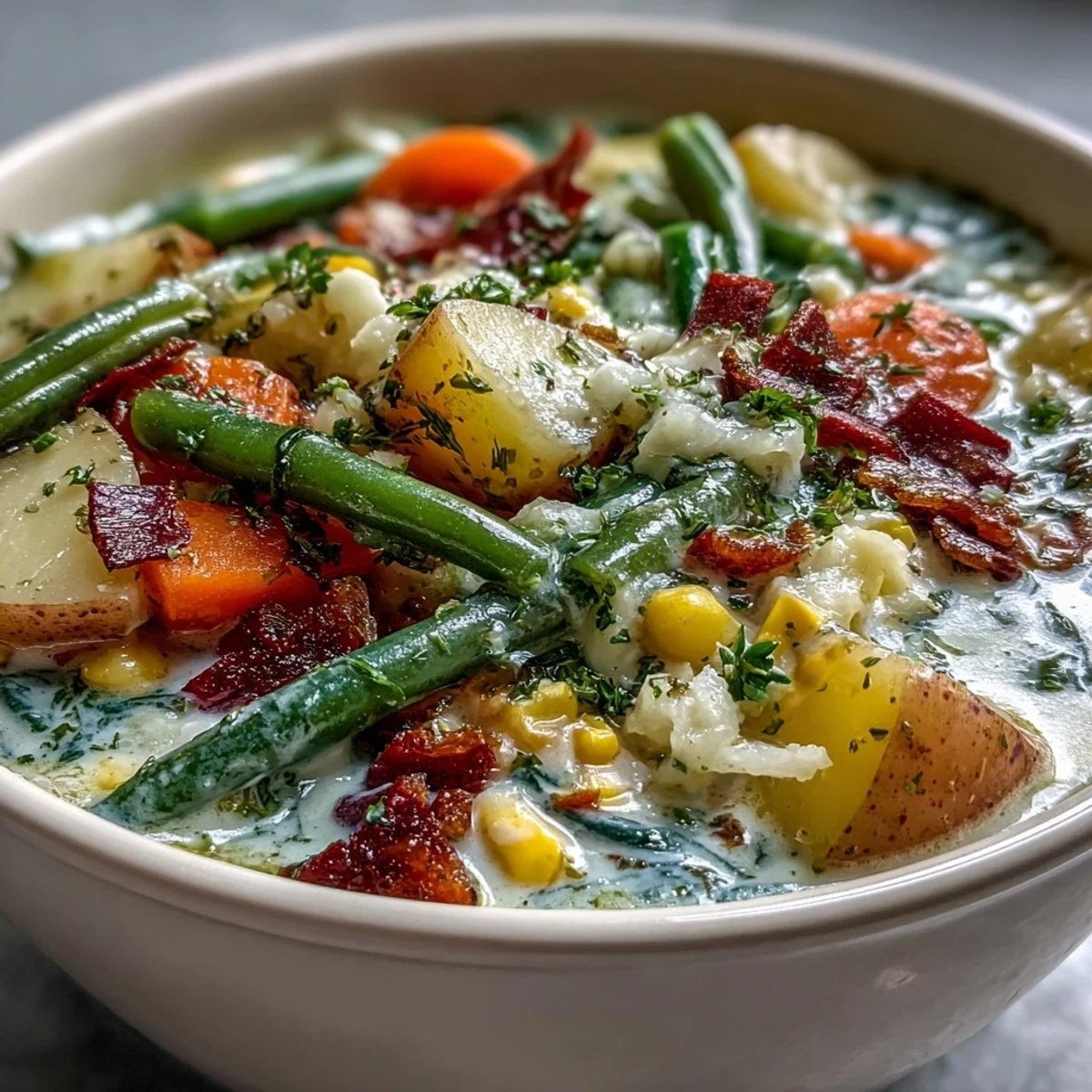 Creamy Amish Snow Day Soup with tender vegetables and fresh parsley garnish in a cozy bowl.