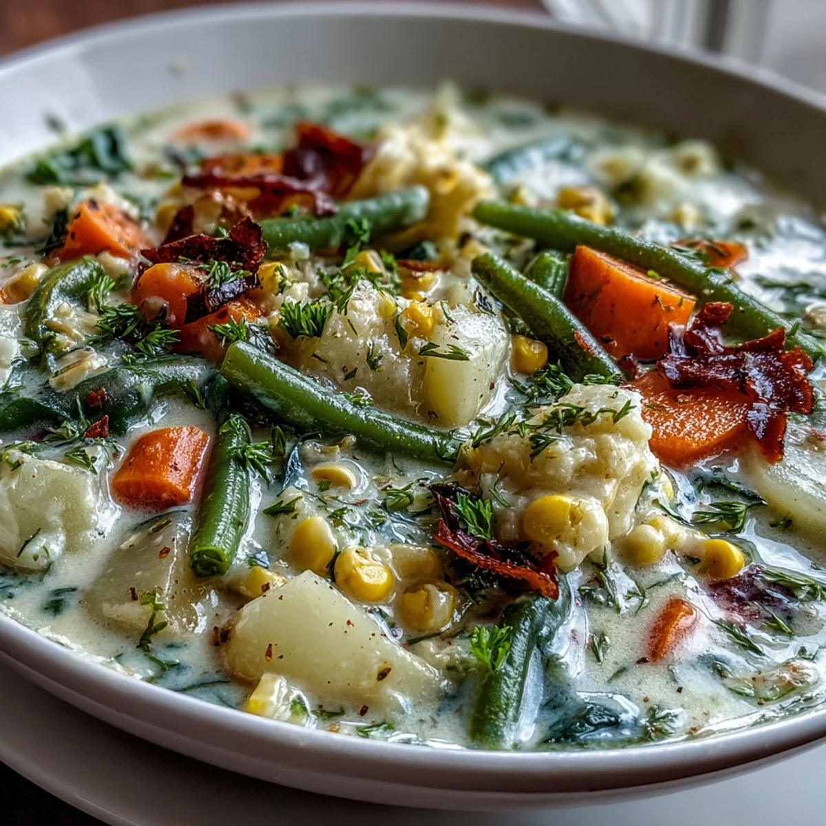 A bowl of Amish Snow Day Soup simmering with hearty potatoes, carrots, and corn in a rustic kitchen.