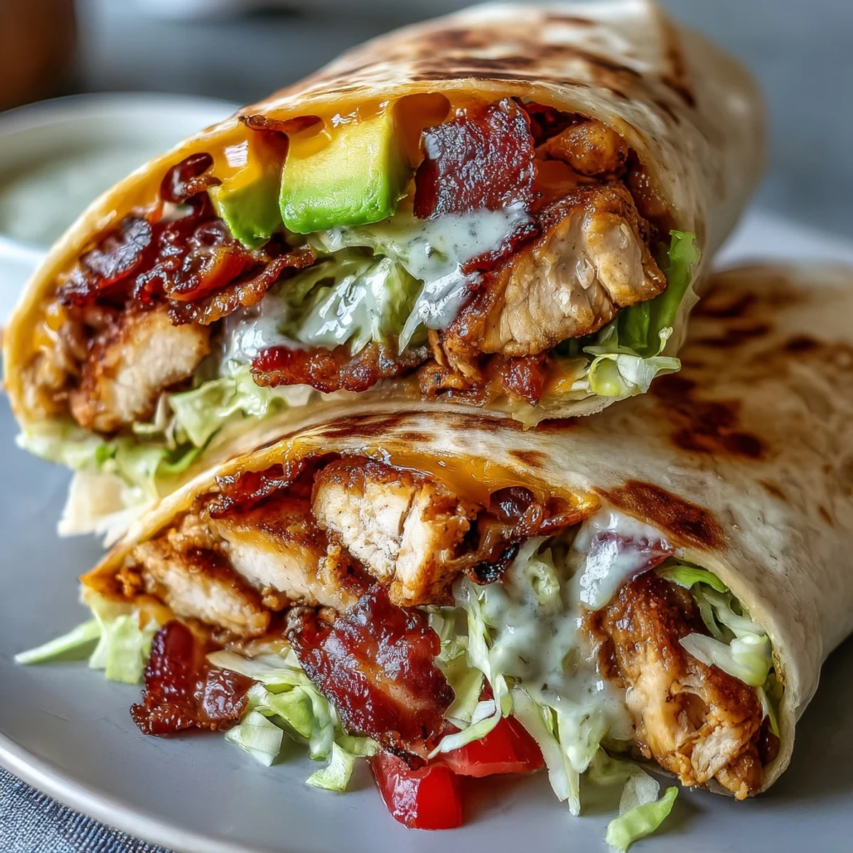 Close-up of a toasted Crispy Chicken Bacon Wrap with melted cheddar, bacon, and diced tomatoes.