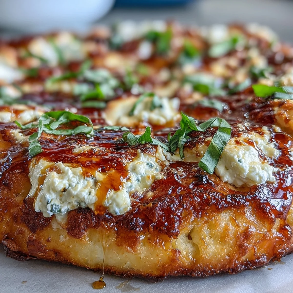 Slices of Hot Honey Ricotta Pizza are ready to serve with a spicy honey drizzle and melted mozzarella on fluffy crust. 