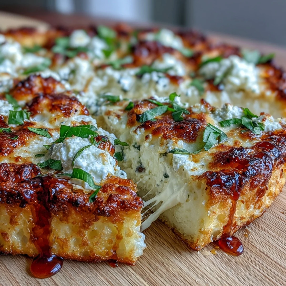 A close-up of Hot Honey Ricotta Pizza highlights creamy ricotta, fresh basil, and a drizzle of hot honey on a rustic plate.
