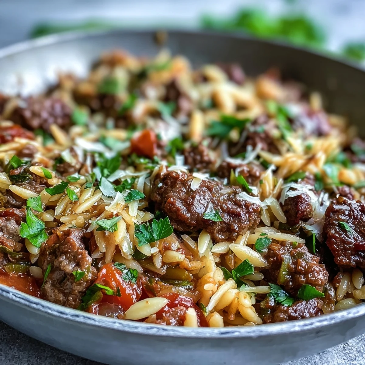 A steaming skillet of Comforting Ground Beef Orzo Dinner with melted Parmesan and fresh parsley garnish.