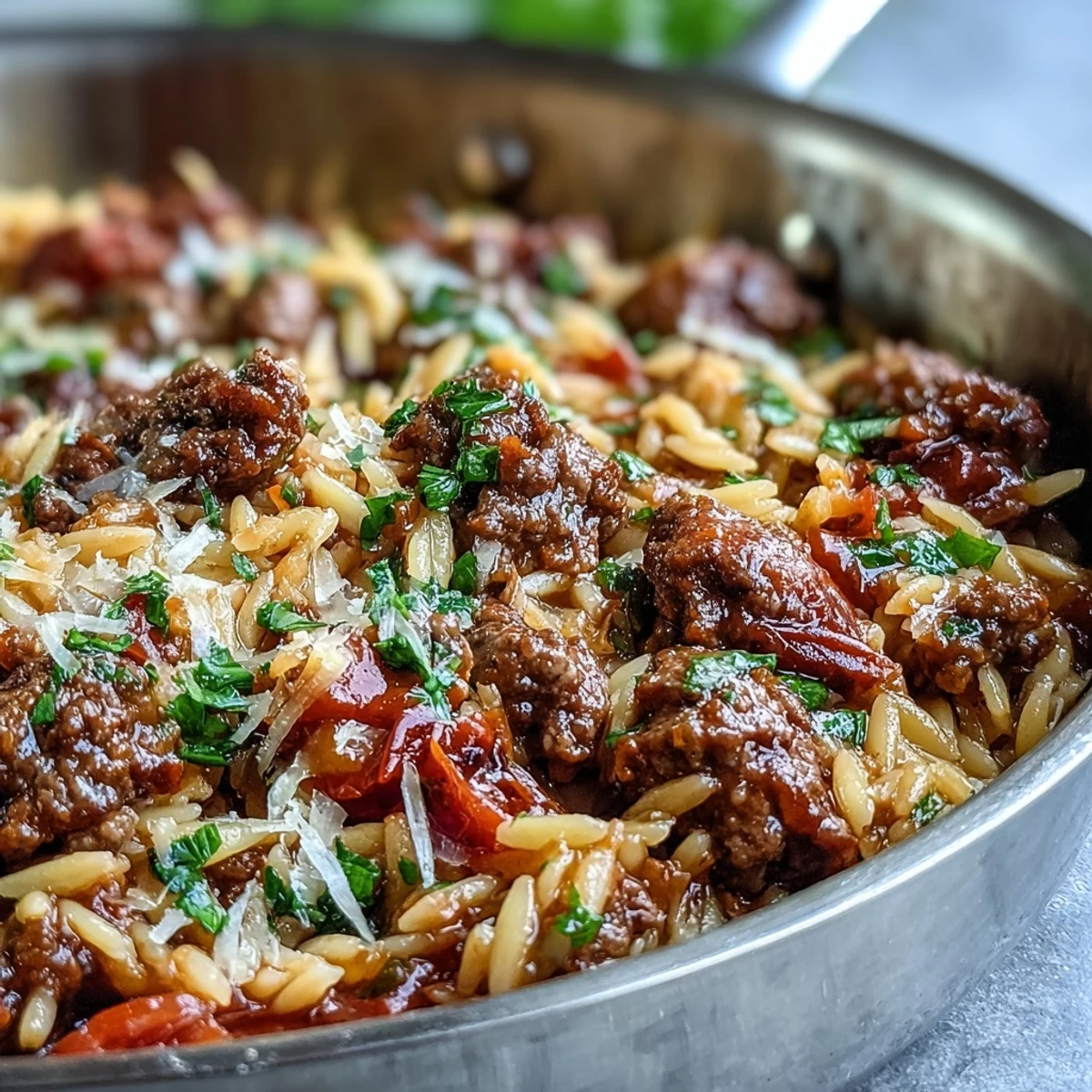 Ground beef, sweet bell peppers, and tender orzo pasta simmer in a rich tomato broth for this dish.