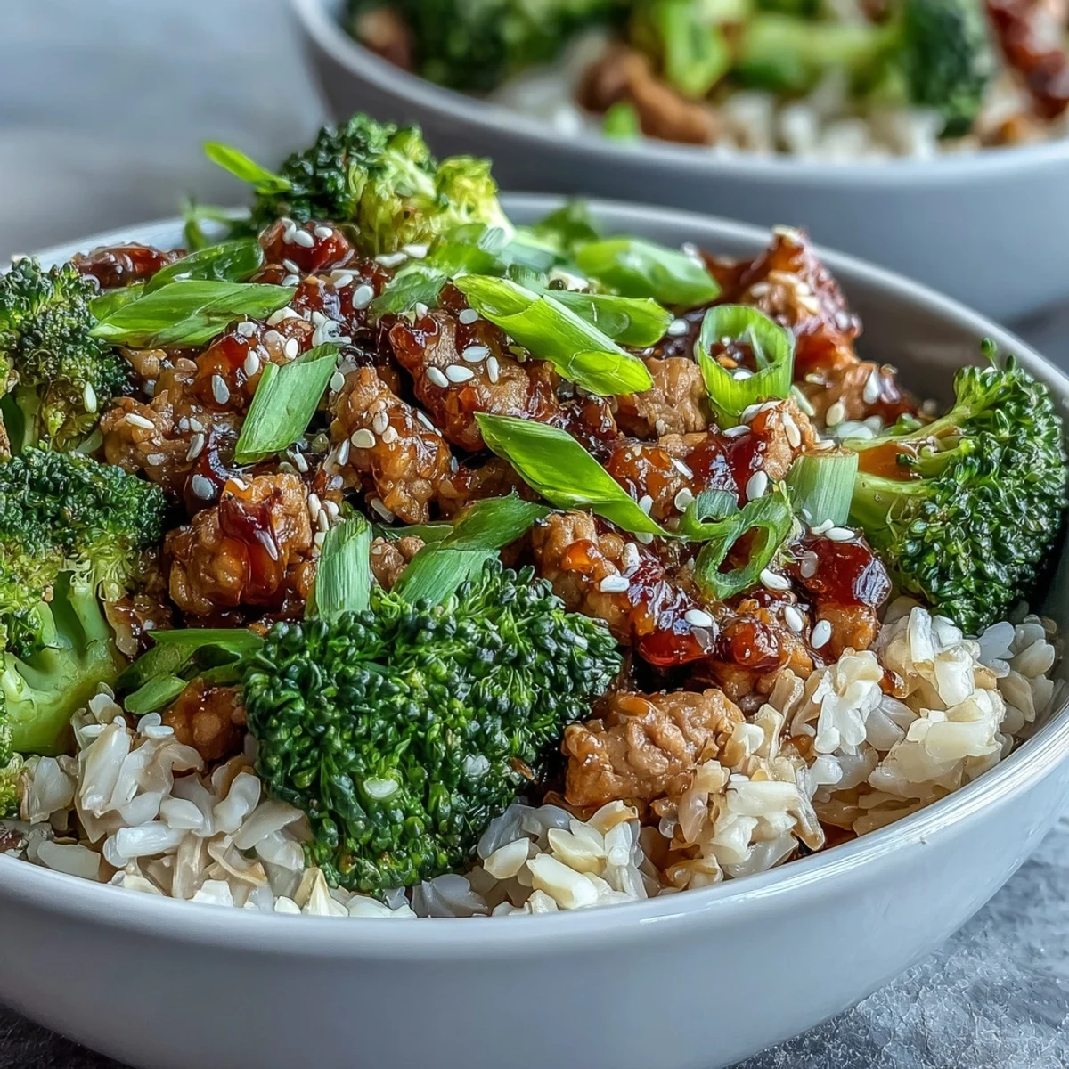 Aerial view of Sweet and Spicy Turkey Broccoli Bowls with fluffy rice and vibrant green broccoli florets.
