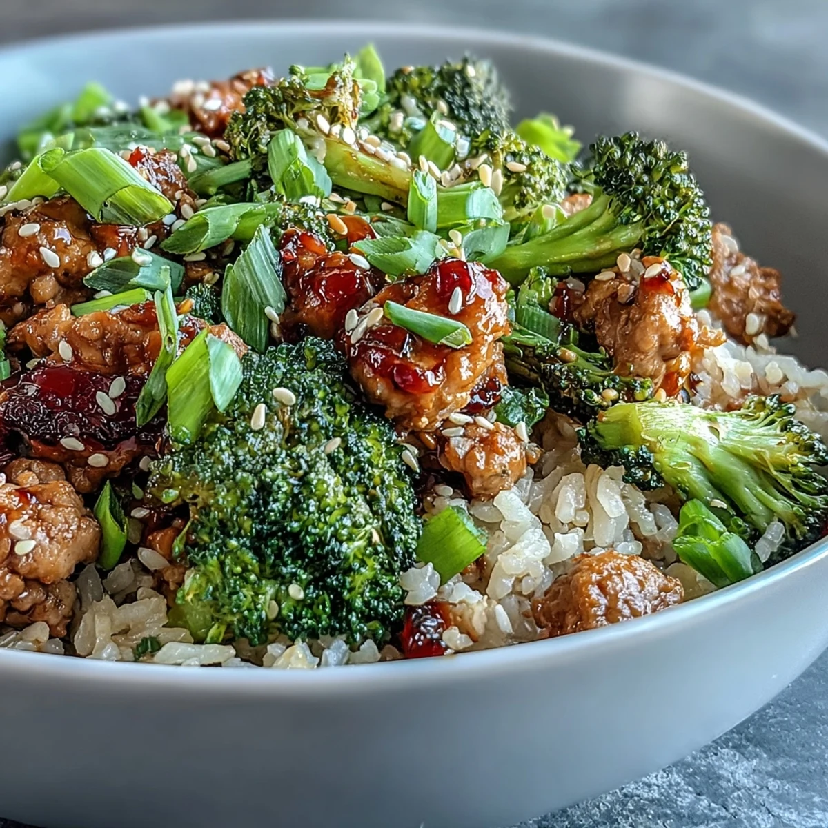 Individual serving of Sweet and Spicy Turkey Broccoli Bowls garnished with sesame seeds and fresh green onion.