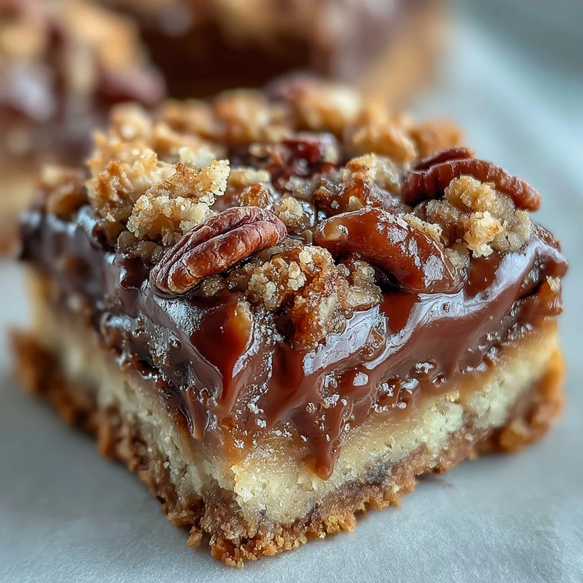 Decadent Sweet and Chewy Turtle Bars with Chocolate and Caramel are stacked high with gooey caramel and toasted pecans.