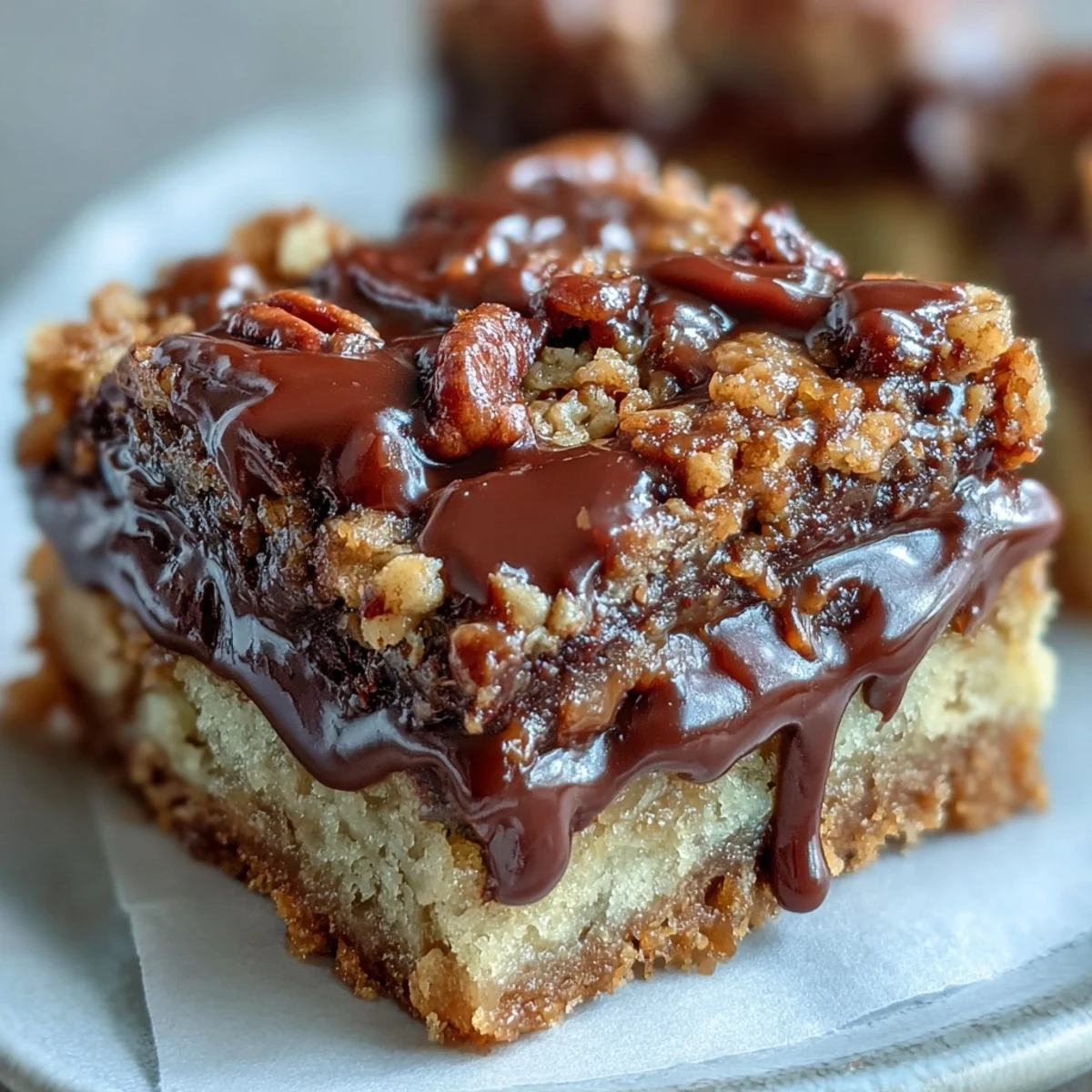 Golden crumb topping covers Decadent Sweet and Chewy Turtle Bars with Chocolate and Caramel as chocolate pools into the crevices.