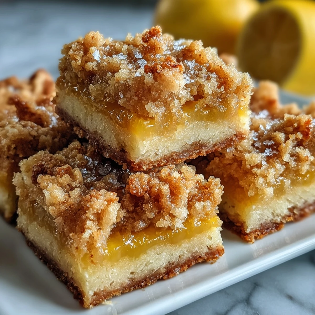 Freshly baked Homemade Lemon Crumb Bars with a bright yellow citrus filling and golden crumb topping on a white plate.