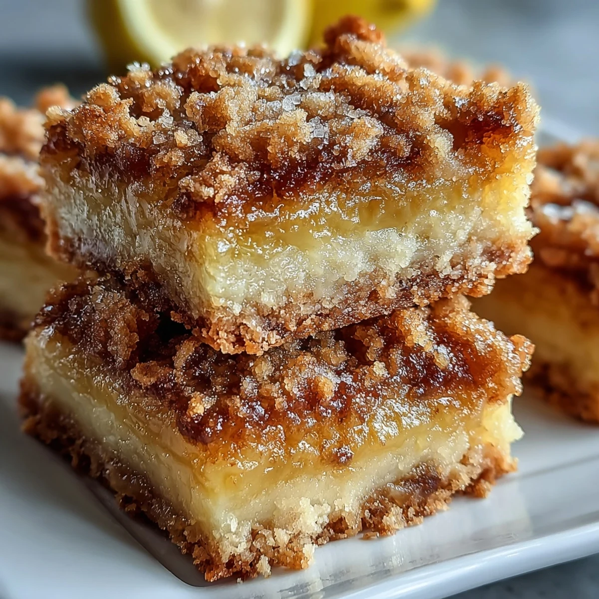 A fork takes a bite of Homemade Lemon Crumb Bars, revealing the sweet and tangy lemon filling and crust.