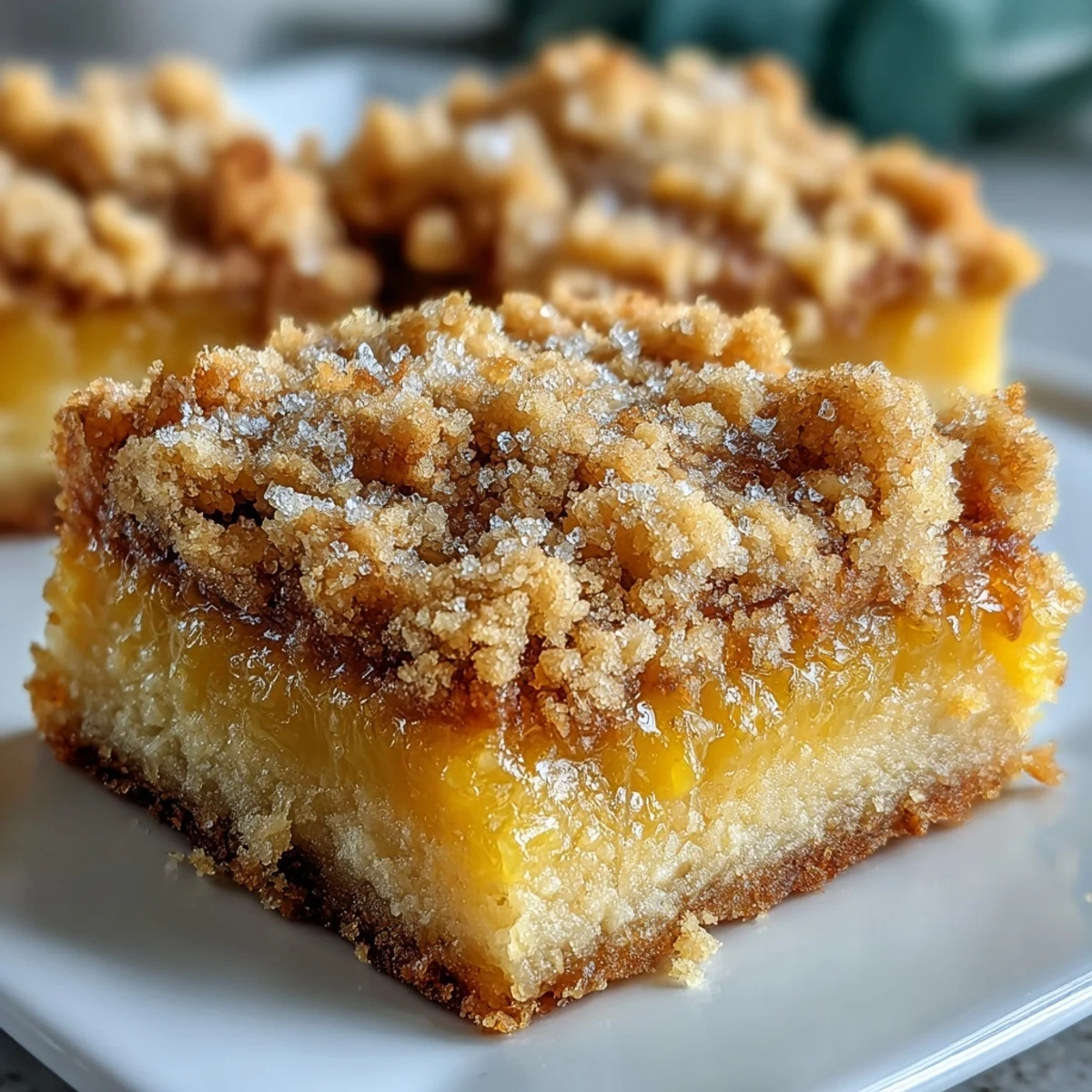 Homemade Lemon Crumb Bars are stacked on a marble board with a tea towel, showcasing the buttery crumble texture.