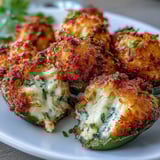 Four golden baked Cajun Crab Poppers on a tray with lemon wedges and parsley.