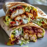 A golden-brown Crispy Chicken Bacon Wrap served warm with creamy avocado and tangy dipping sauce.