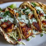 Coconut lime grilled fish tacos served with zesty slaw and tangy crema, perfect for a flavorful summer meal.  