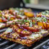 Smoky BBQ Peach and Brie Flatbread on the Grill, topped with grilled peaches and melted Brie