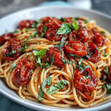 Cherry tomato confit pasta with garlic oil, glistening and ready to serve.