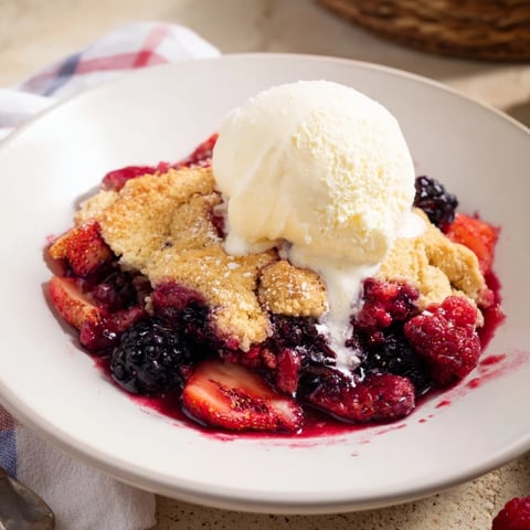 Warm, bubbly Rustic Summer Berry Cobbler topped with golden biscuits beside fresh vanilla ice cream.