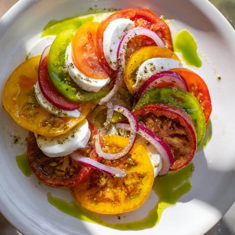Bright and colorful Summer Tomato Salad with fresh mozzarella, ready to serve and enjoy.