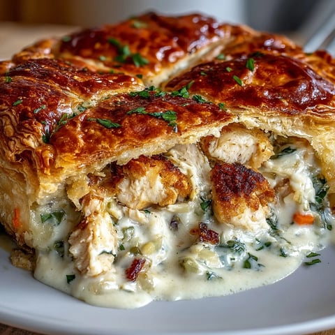 The golden, flaky pastry crust of this Chicken and Leek Pie reveals a rich filling of tender chicken, creamy herb sauce, and sautéed leeks.  