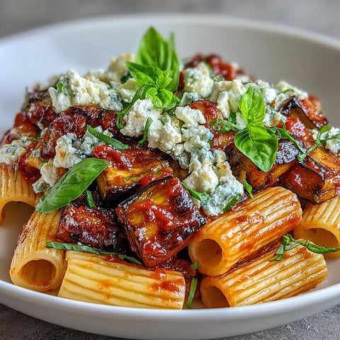 Golden roasted eggplant cubes tossed with rigatoni in a rich, garlicky tomato sauce and topped with crumbled ricotta salata.