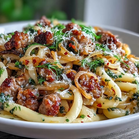 Warm winter pasta with sausage and fennel, garnished with fresh herbs.