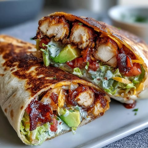 Crispy Chicken Bacon Wrap sliced in half, revealing juicy chicken, crunchy bacon, and fresh lettuce.