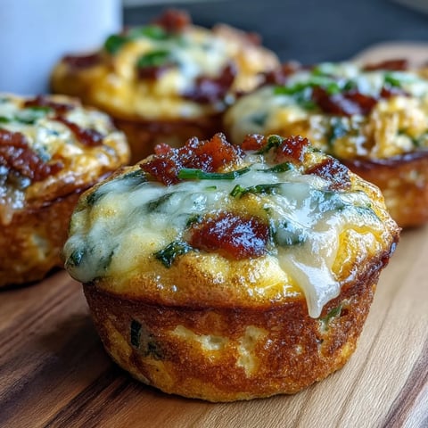 Golden-brown Breakfast Egg Muffins with melted cheddar cheese, crisp bacon, and sautéed bell peppers, served warm on a rustic plate.