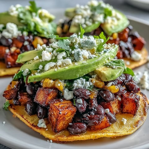 Crispy tostada shells piled high with smoky roasted sweet potato cubes and limey black bean and corn filling.