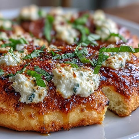 Freshly baked Hot Honey Ricotta Pizza shows golden, bubbly cheese and a vibrant basil garnish on a wooden cutting board. 