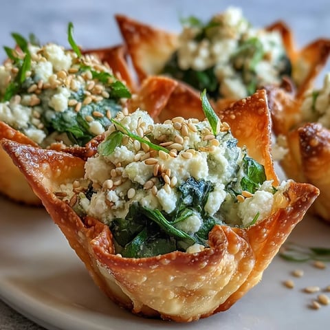 Golden-baked wonton cups filled with Mediterranean Spinach and Feta Cheese Crisps, featuring wilted greens and creamy crumbles.