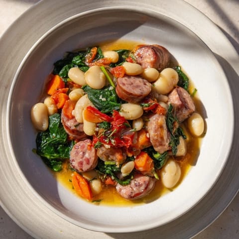 This flavorful One-Pot Sausage and White Bean Stew shows chunks of sausage and vegetables in a rich broth.