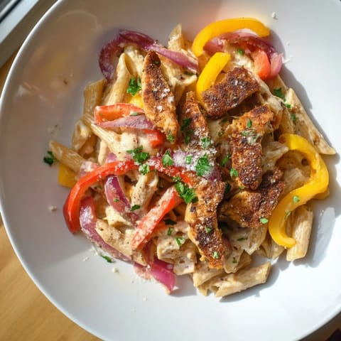 Sizzling Cajun chicken pasta with penne, perfect for a cozy weeknight dinner experience for four.