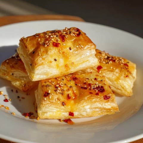 Warm, gooey Chili Crisp Honey Brie Bites, perfect for a party appetizer with sweet and spicy flavors.