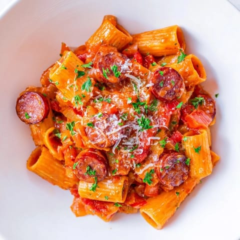 A close-up of delicious Spanish chorizo pasta, showcasing the rich flavors and textures of this dish.