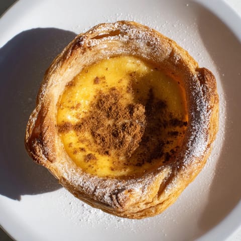 Indulge in a homemade Portuguese egg tart! Crispy pastry filled with a rich, cinnamon-kissed custard.