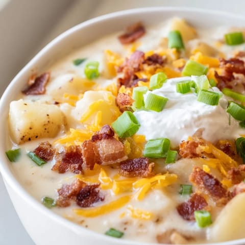 Steaming bowl of loaded baked potato soup with tender potato chunks, melted cheddar, and tangy sour cream garnish, ready to serve.