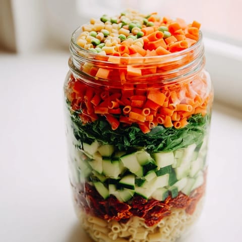 A clear glass jar reveals a vibrant Minestrone Soup of diced zucchini, carrots, and dried lentils.