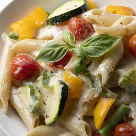 Tender penne pasta and crisp vegetables simmered in a creamy sauce in one pot, finished with fresh basil.