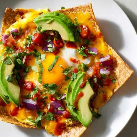A single sheet pan holds gooey Sheet Pan Breakfast Tacos topped with fresh avocado, salsa, and cilantro.