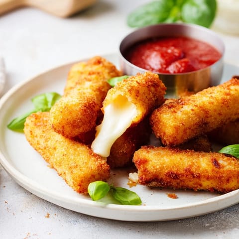 Golden, crispy air fryer mozzarella sticks with gooey cheese pull served with warm marinara dip.